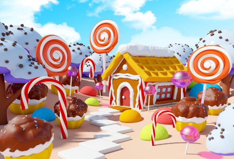 AOFOTO 5x3ft Kids Lollipop Candyland Photo Backdrop Vinyl Wallpaper Newborn Baby Sweet Cake Snow Covered House Candy World Cupcakes Photography Background Birthday Party Decor Photo Studio Props - Image 1